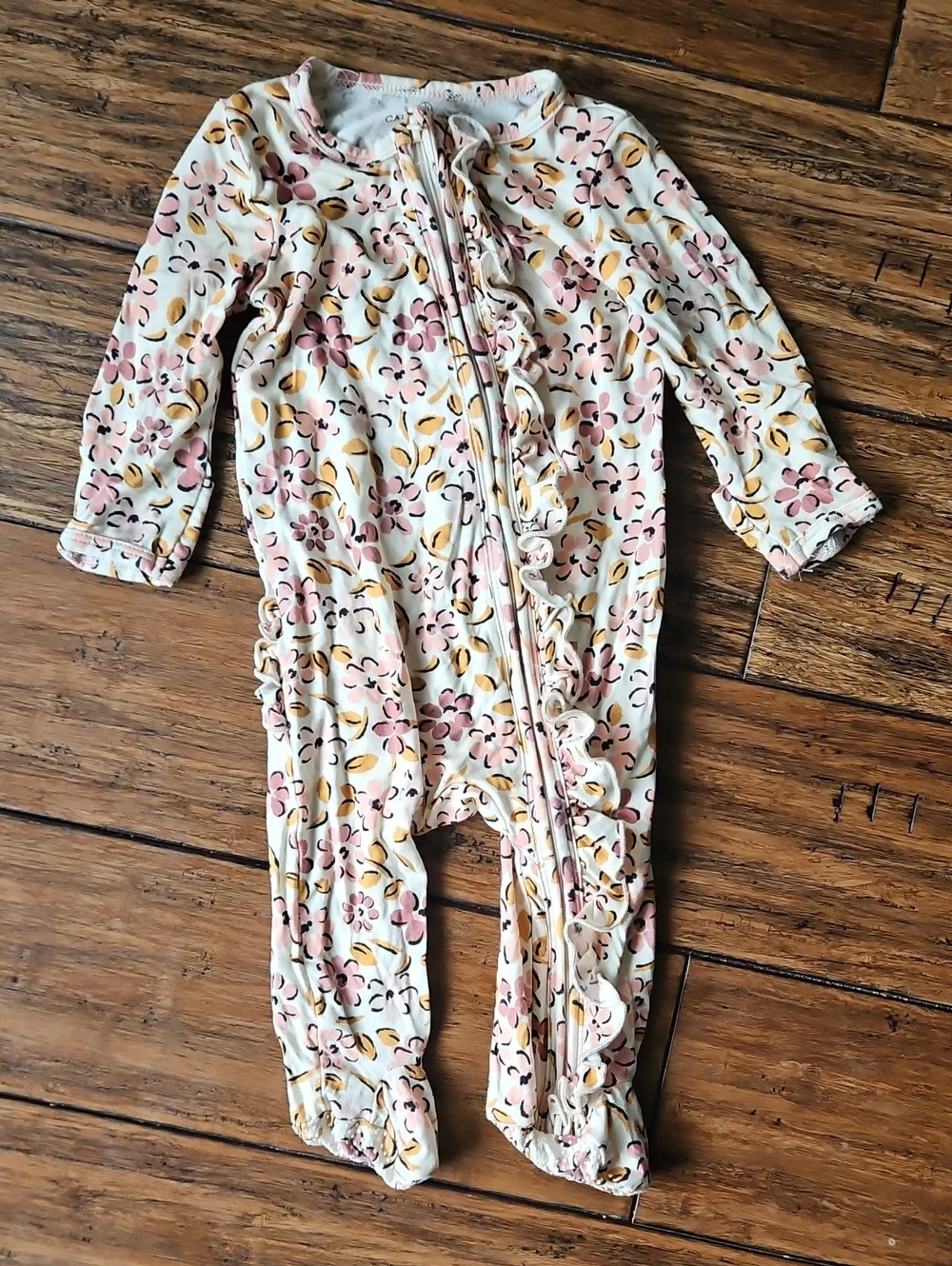 Caden Lane Cream Floral Ruffle Zip Footie in Pink & Yellow 0-3 Months